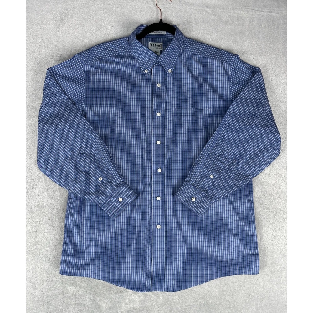 L.L. Bean Button Shirt Men's 16-32 M Blue Plaid Check Long Sleeve 100% Cotton